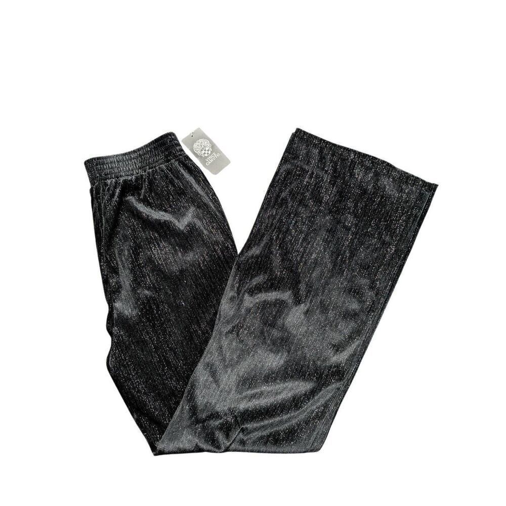 Vince Camuto Metallic Pleated Wide-Leg Elastic Waist Black Trouser Women's 8
